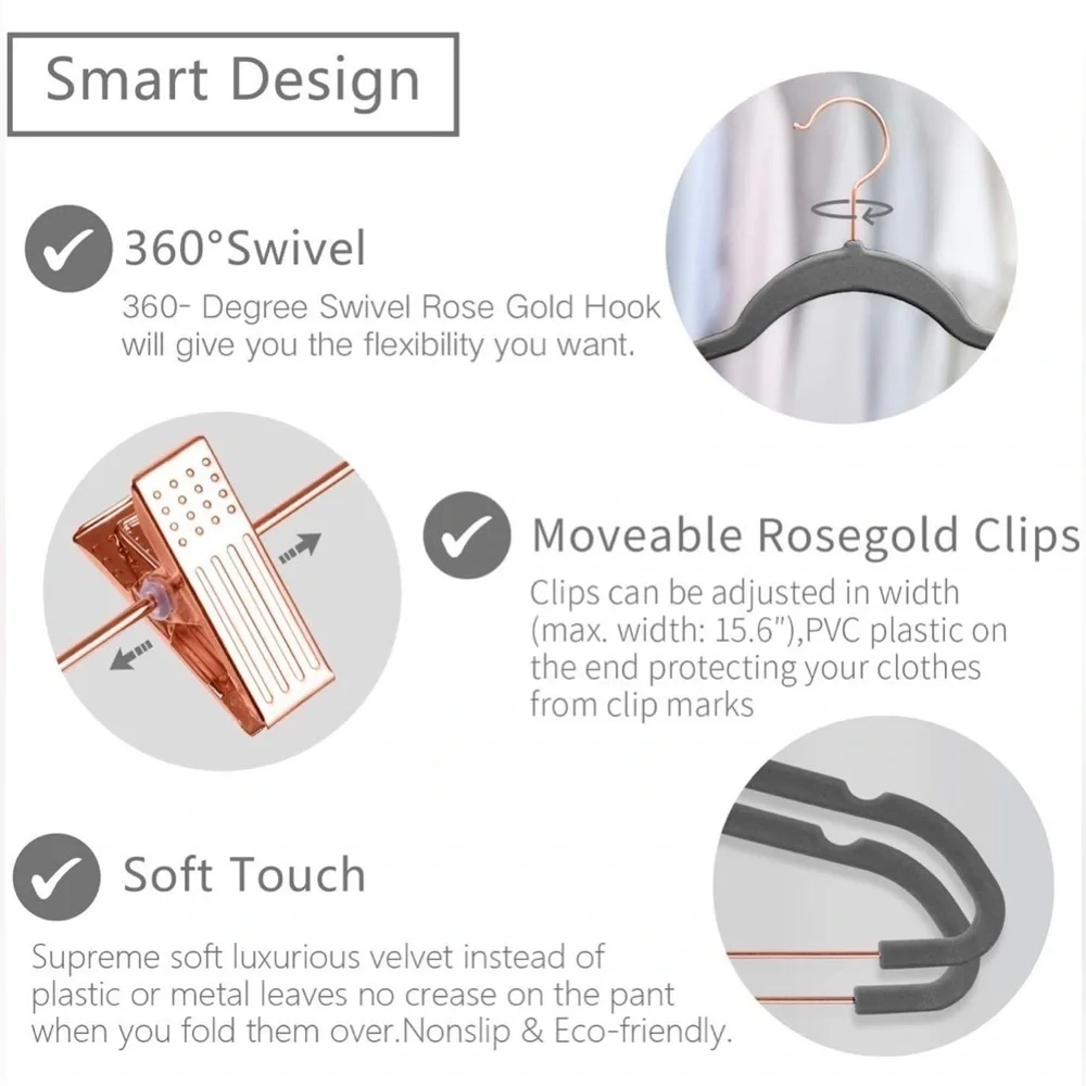 Premium Velvet Space Saver Hangers w/ Clips Rose Gold Hooks, Grey (20 pack)